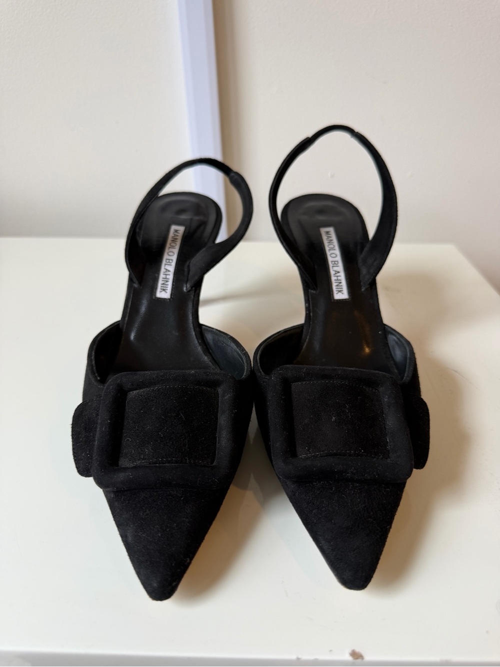 Manolo Blahnik Black Suede Pointed Toe Slingback Pumps with Buckle